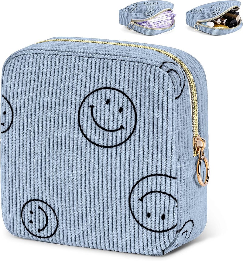 SIDESUGAR Period Bag for Teen Girls Shark Week Pouch Corduroy Portable Sanitary Pad Bags for Period Teen Period Pads Pouch for Panty Liners, Tampons, Menstrual Cup - Blue - Image 1